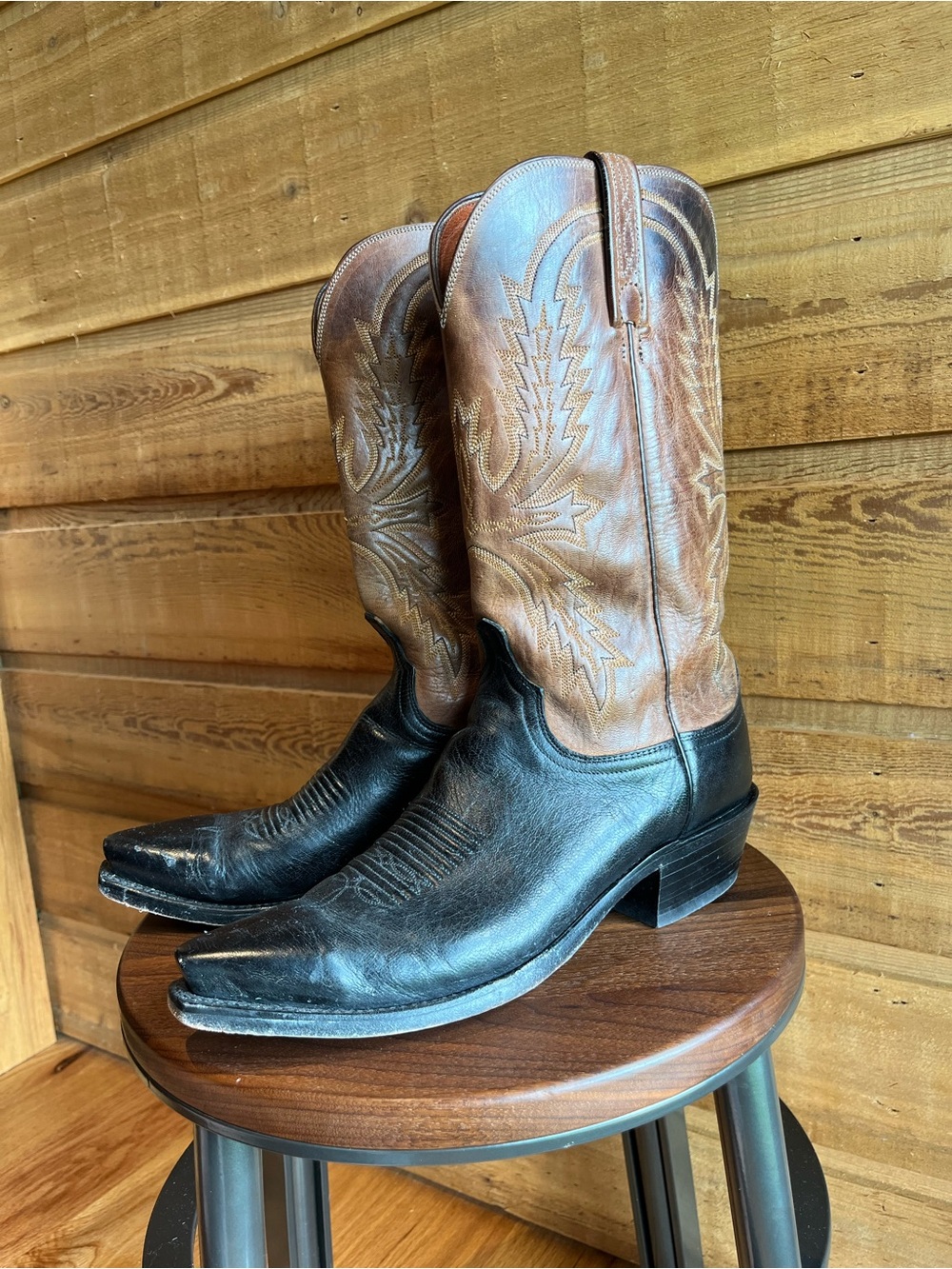 LUCCHESE - Men's Crayton Two-Tone Leather Western Boots - Black & Brown